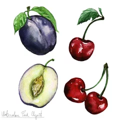 Zelfklevend Fotobehang Watercolor Food Clipart - Plum and Cheery © nataliahubbert
