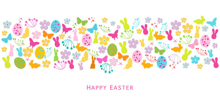 Colorful Easter symbols border design greeting card
