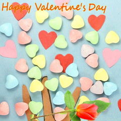 Hearts candy Valentine Background with red rose and happy valentine text 