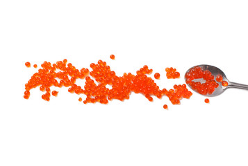 red caviar and spoon isolated on white background. the eggs of caviar scattered on the surface. flat lay, top view