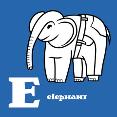 Letter E. Part of animal alphabet. Cartoon elephant wearing in jeans. Coloring black and white.