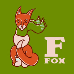 Cartoon fox wearing scarf and boots. Letter F. Part of animals alphabet.