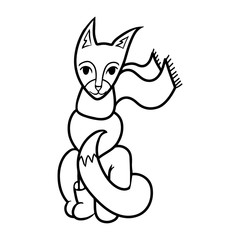 Cartoon fox wearing scarf and boots. Black and white coloring.