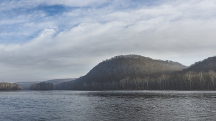 Delaware River - Misty morning on the shores of the Delaware River at Point Pleasant, Pennsylvania, with Warsaw Hill in the distance