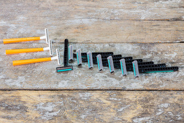 used razor blade on the wood table