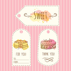 Tags with cake illustration. Vector hand drawn labes set with watercolor splashes. 