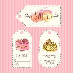 Tags with cake illustration. Vector hand drawn labes set with watercolor splashes. 