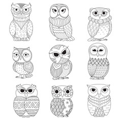 Naklejka premium Nine owls design for coloring book, tattoo, shirt design and other decoration