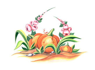 Naklejka premium Illustration with pumpkin and mallow