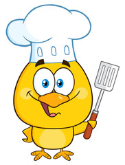 Happy Chef Yellow Chick Cartoon Character Holding A Slotted Spatula