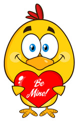 Cute Yellow Chick Character Holding A Be Mine Valentine Love Heart