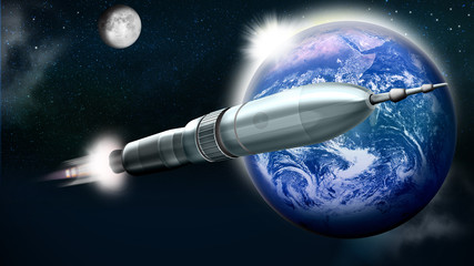 Rakete im Weltall mit Erde und Mond © i-picture