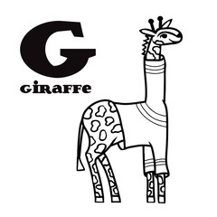 Cartoon giraffe in pullover with letter G. Part of animals alphabet. Black and white coloring page.