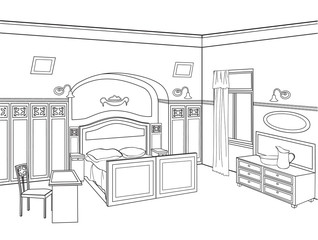 Fototapeta premium Bedroom furniture. Interier vector illustration. Outline room blueprint. 