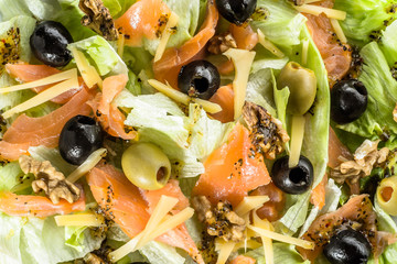Mediterranean salad with salmon and olives, macro