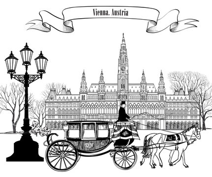Vienna city view. Famous building, street lamp and carriage. Street cityspape. Travel skyline in Wien, Austria