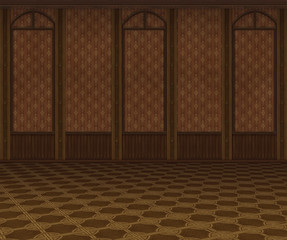 Vintage interior. Empty room with retro wallpaper and wood