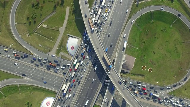 Aerial view of thick traffic and grade crossing elimination structure. Moscow, Russia.