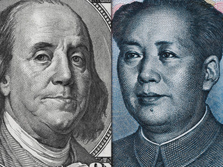 US dollar bill and China yuan banknote macro, Chinese and USA economy finance business,  money closeup