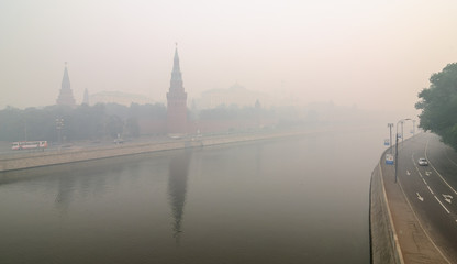 MOSCOW, RUSSIA - AUGUST 08, 2010: View of Kremlin during the smog in Moscow