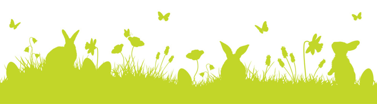 Frohe Ostern Silhouette mit Osterhase und Ostereier gr&uuml;n