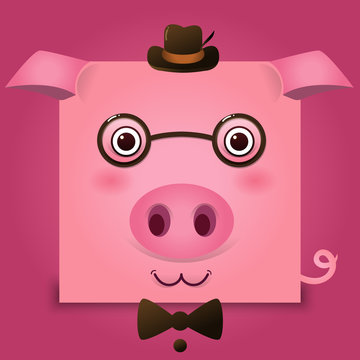 Vector image of a pig head on pink background