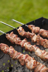 Pork shashlyk (shish kebab) roasting on skewers in the garden