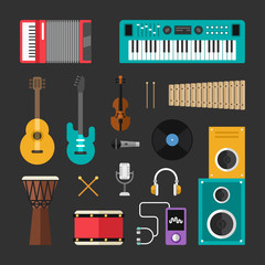 Set of Vector Flat Style Musical Instruments and Music Tools Icons. Guitar, Drums, Speaker, Headphones, Keyboard, Violin, Vynil, Microphone, Player