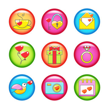 Set of buttons with Valentine's day icons .