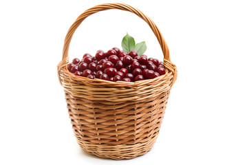 Basket full of fresh red cherry on a white background