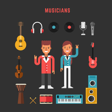 Set of Vector Icons and Illustrations in Flat Design Style. Profession Musician. Male and Female Cartoon Characters Surrounded by Musical Instruments