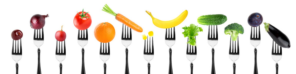 Fruits and vegetables on fork