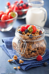 homemade healthy granola in glass jar and berries