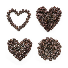 Collection of heart shape roasted coffee beans and coffee beans