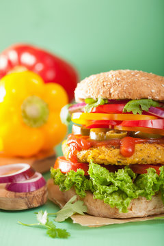 veggie chickpea and sweetcorn burger with pepper jalapeno onion