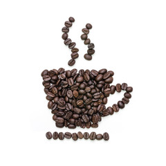 Cup shape of roasted coffee beans isolated on white background.