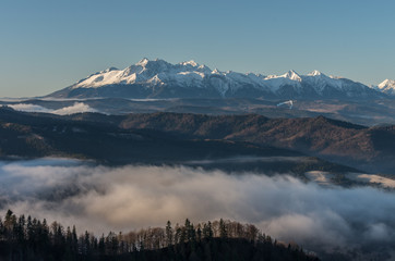 Obraz na płótnie Canvas Tatra Mountains from Wysoka in Pieniny mountains, autumn morning