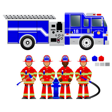 fire truck and fireman, fire brigade, team, attributes, sets fire brigade, rescue, vector graphics, wear red and blue 1. EPS 8.