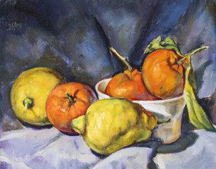 oil painting on canvas of a composition of fruit - 102087538