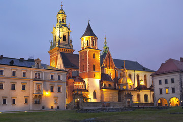 Fototapeta na wymiar Night view of the cathedral of St Stanislaw and St Vaclav and Royal Castle on the Wawel Hill, Krakow, Poland