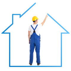 construction concept - man in blue builder uniform drawing house