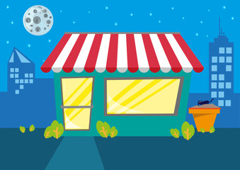 Obraz premium A Store or Restaurant at Night in the City. Editable Clip Art. 