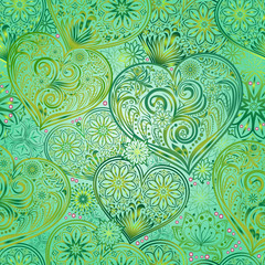 Valentine Day seamless background with hearts and flowers. Hand drawing floral motif vintage vector EPS-8 texture. 