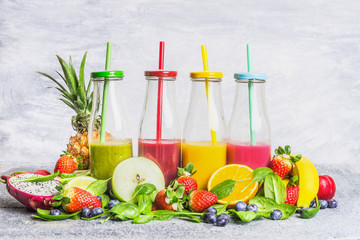 Assortment of smoothie with ingredients for blending, side view. Health or detox  diet food concept.