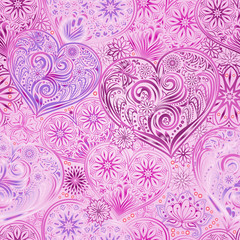 Valentine Day seamless background with hearts and flowers. Hand drawing floral motif vintage vector EPS-8 texture. 