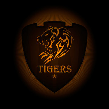 Tiger a sports logo. the emblem appearing out of the darkness. Perfect on your black shirt! vector