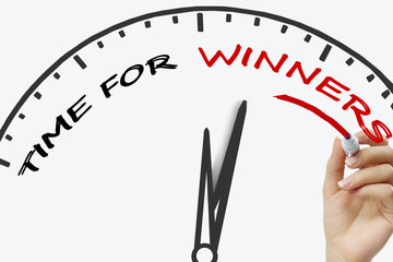 Hand writing TIME TO WIN  concept with red marker on transparent whiteboard