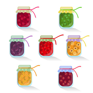 Vector isolated set of jam jar with cherries, raspberries, gooseberries, plums, strawberries, apricots, oranges. Collection on white background. Eco, green, homemade healthy, tasty sweets