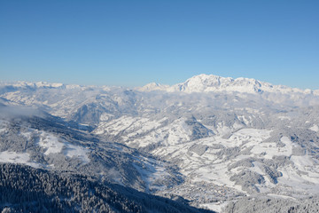 Fototapeta na wymiar Wagrain city in valley in Alps in winter.