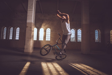  A man on bmx doing tricks.